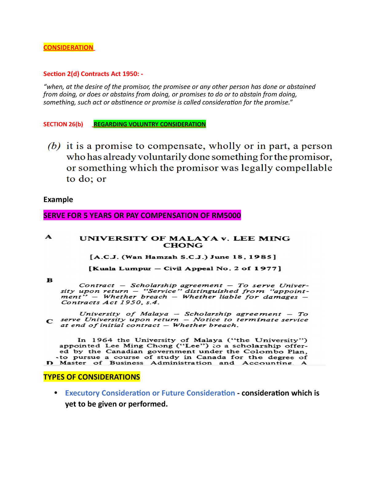 Consideration Notes - CONSIDERATION Section 2(d) Contracts Act 1950 ...