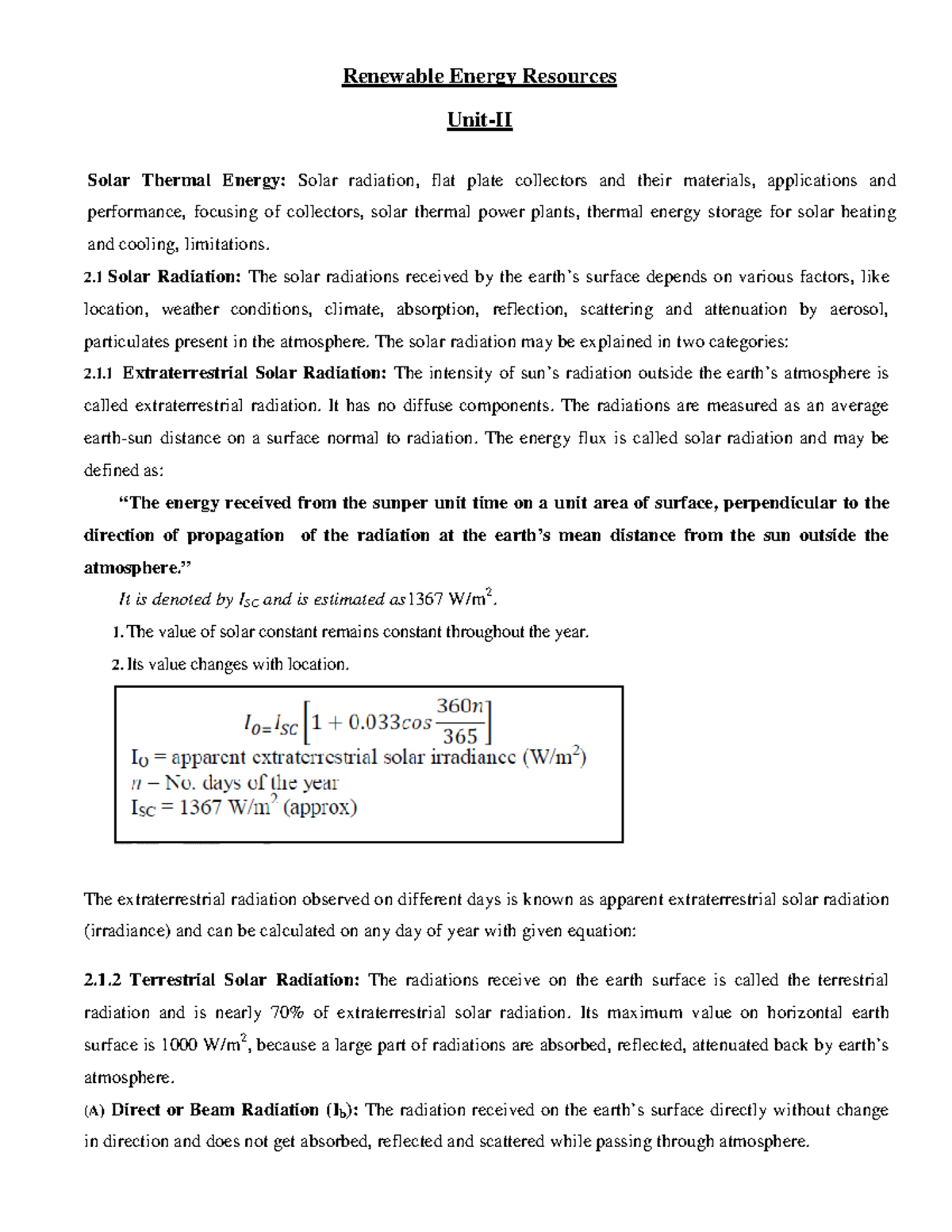 Unit 2 - Renewable Energy Resources Unit-II Solar Thermal Energy: Solar ...