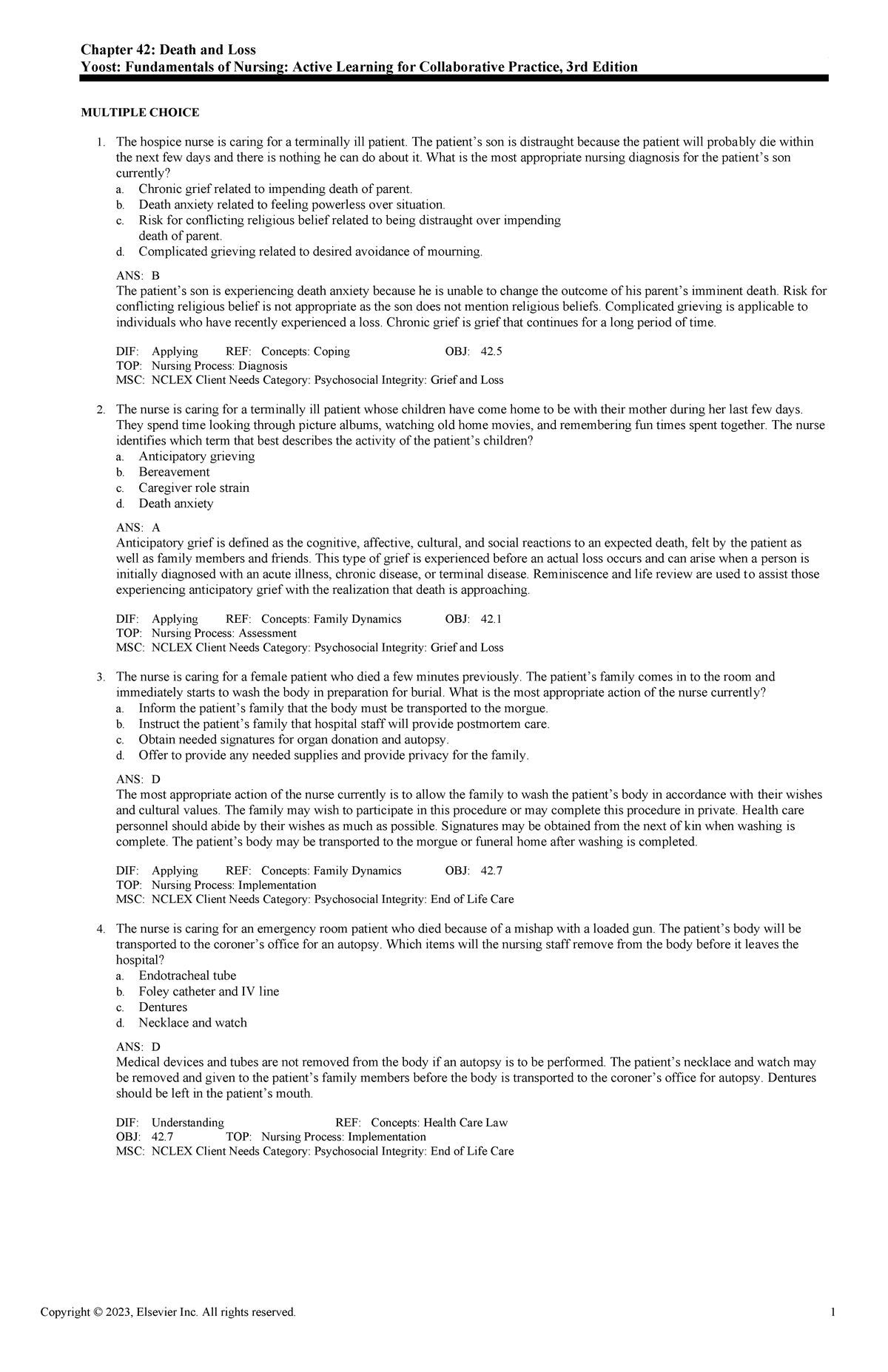 Exam View - Chapter 42 - Adaptive Quiz - Chapter 42: Death And Loss ...