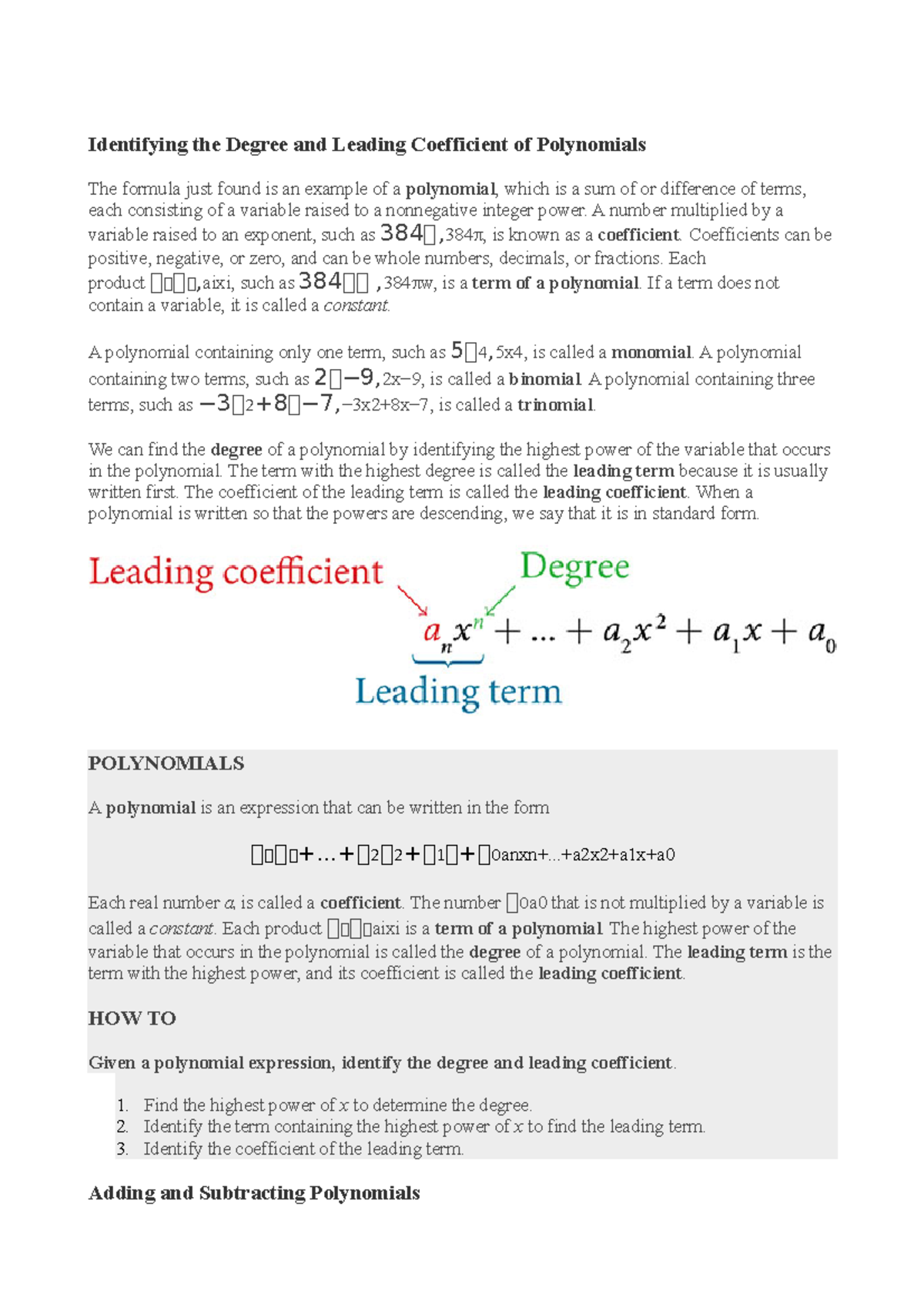 MATH- 1.4 polynomials - Identifying the Degree and Leading Coefficient ...