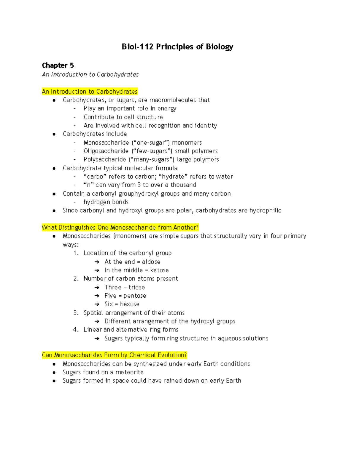 Biol-112 Principles Of Biology Chapter 5 - Location Of The Carbonyl ...