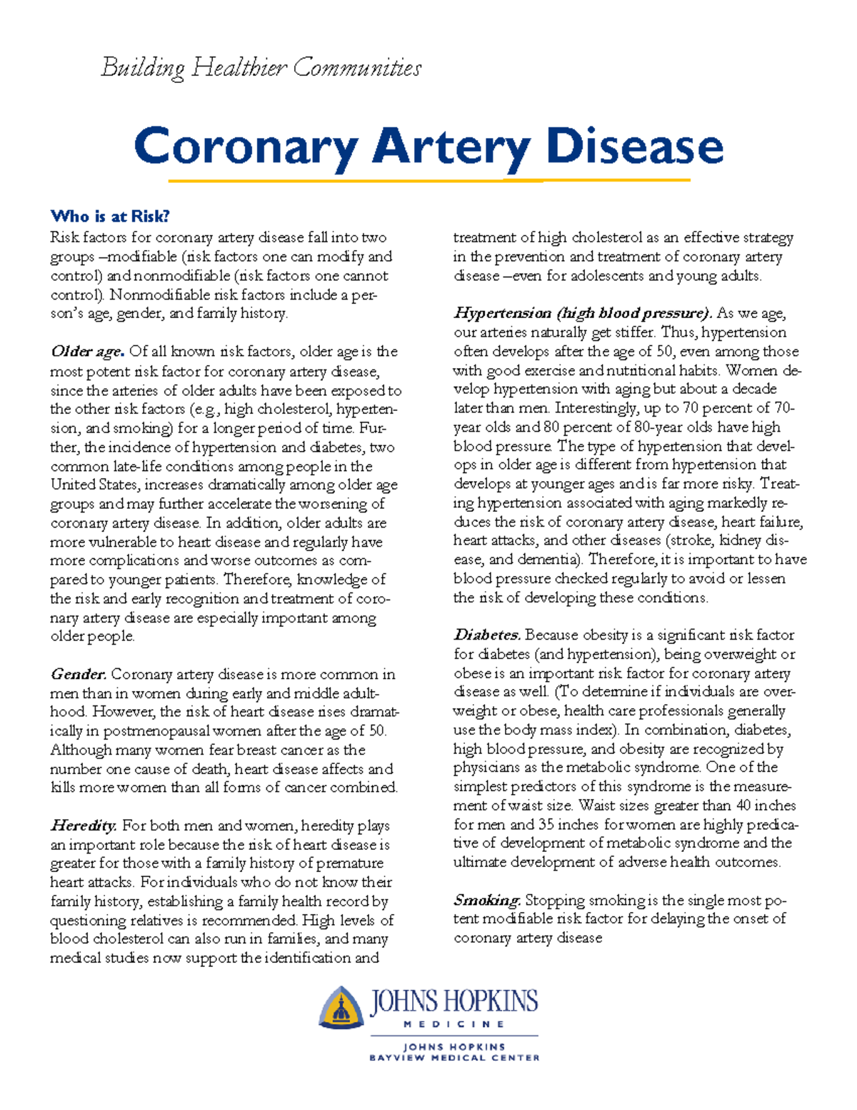 CAD-Johnhopk - CAD info. - Building Healthier Communities Coronary ...