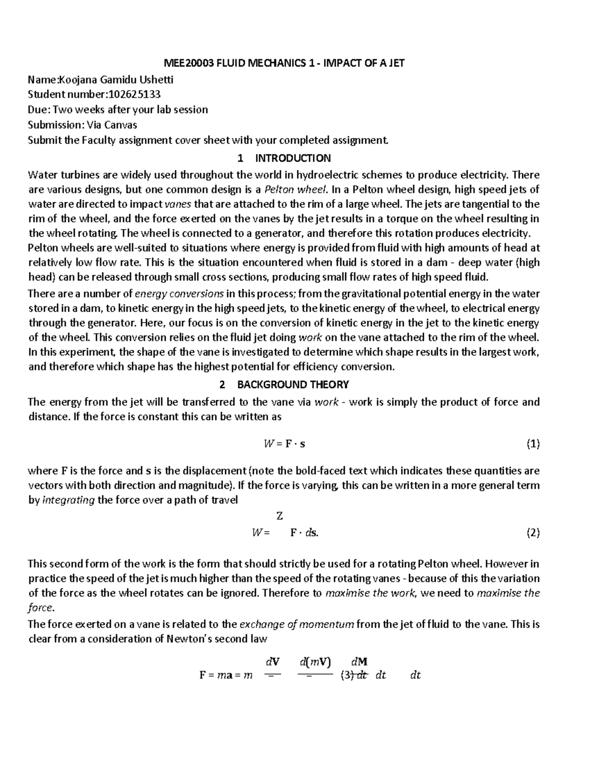Lab jet impact 2 - sdjnckjsadbfws - MEE20003 FLUID MECHANICS 1 - IMPACT ...