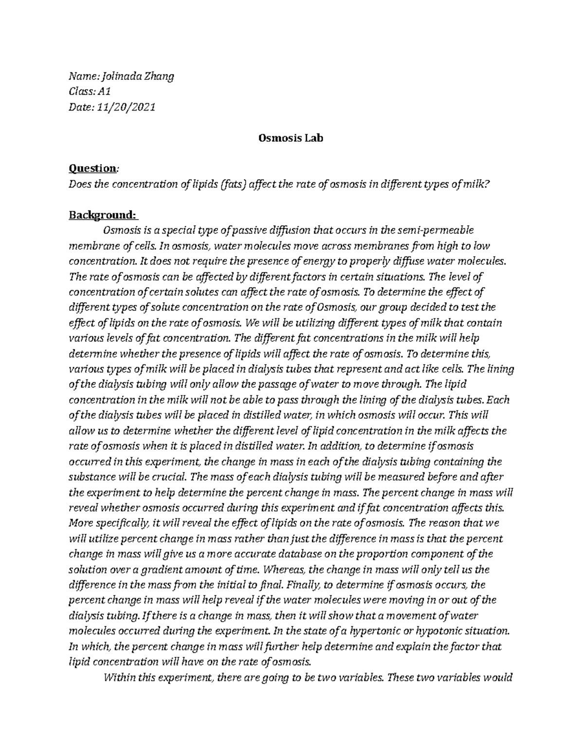 Osmosis Lab AP Biology Name Jolinada Zhang Class A Date 11/20