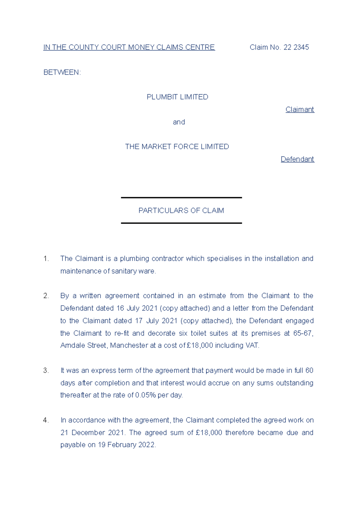 Plumbit Poc Poc In The County Court Money Claims Centre Claim No