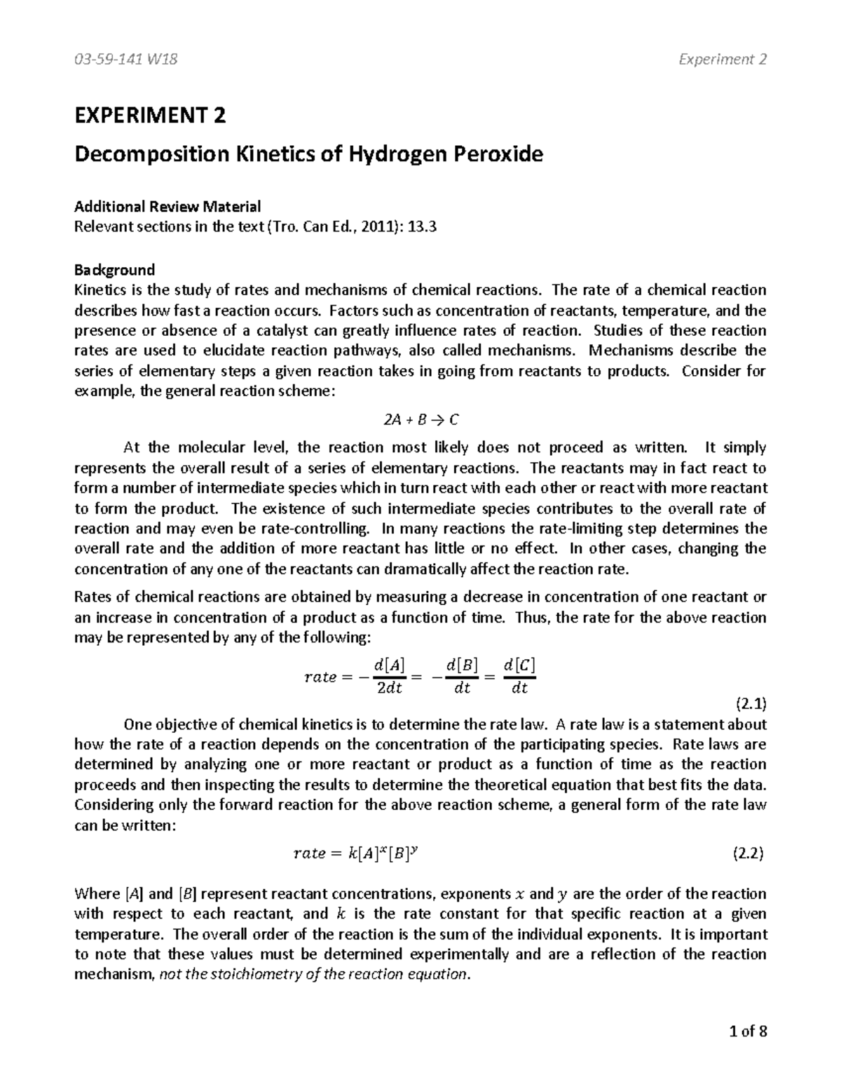 Chem Lab 2 Winter 2019 Lab 2 EXPERIMENT 2 of