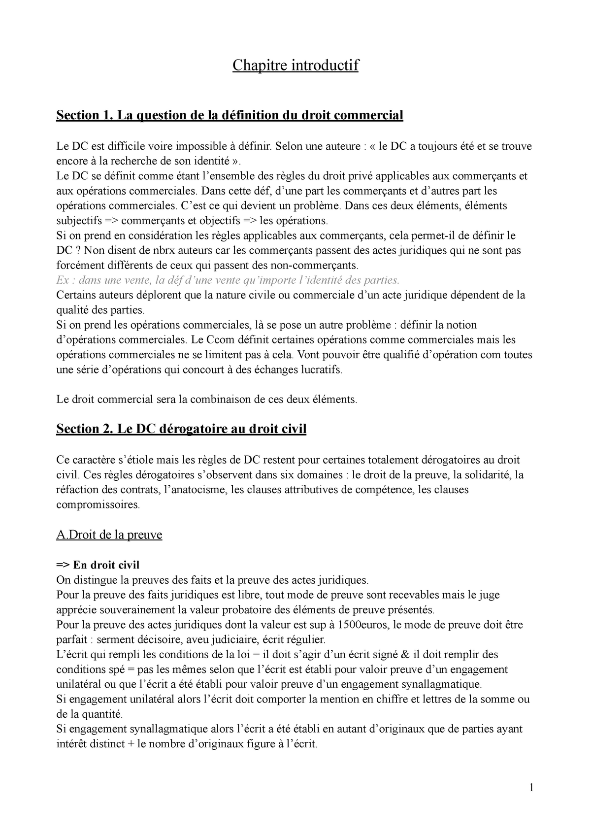 Notes De Cours De Droit Commercial - Chapitre Introductif Section 1. La ...