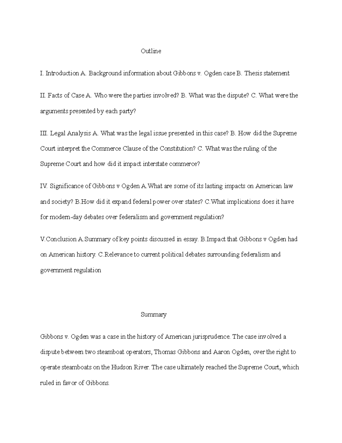 Gibbons v. Ogden Outline and Summary Outline I. Introduction A