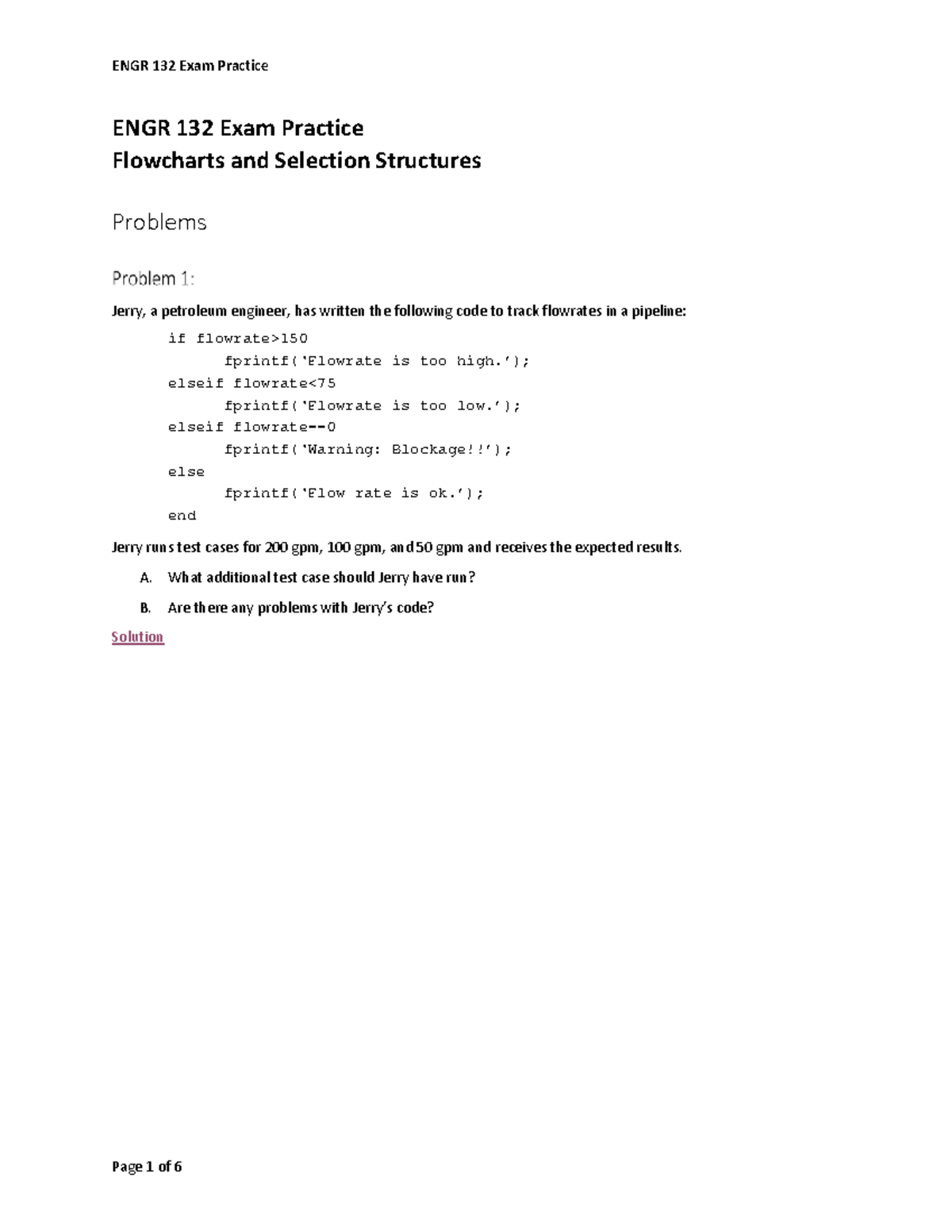Selection Structures with Flowcharts - Exam Practice - ENGR 132 Exam ...