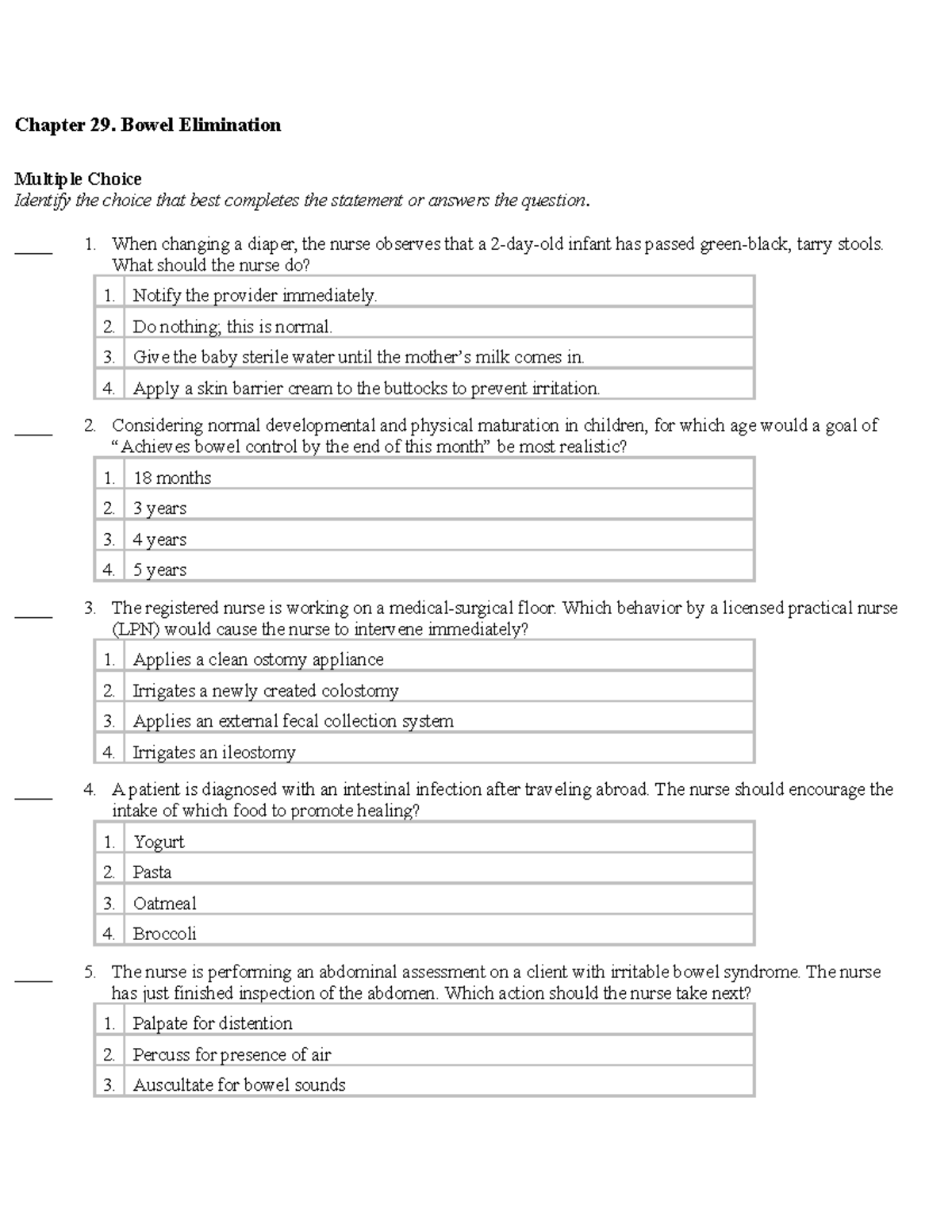 Fundamentals Of Nursing - Chapter 29. Bowel Elimination Multiple Choice ...