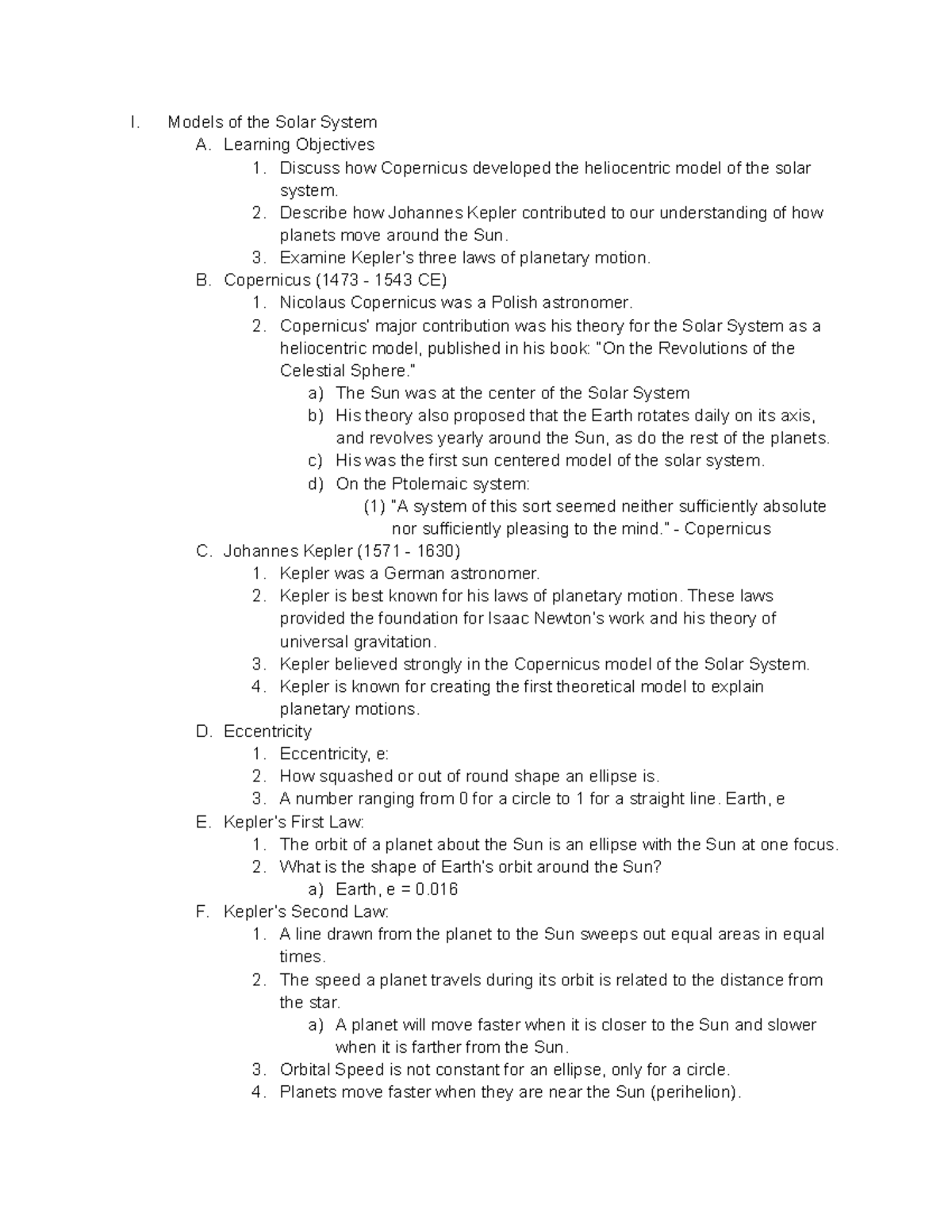 Module 5 Notes - I. Models of the Solar System A. Learning Objectives 1 ...