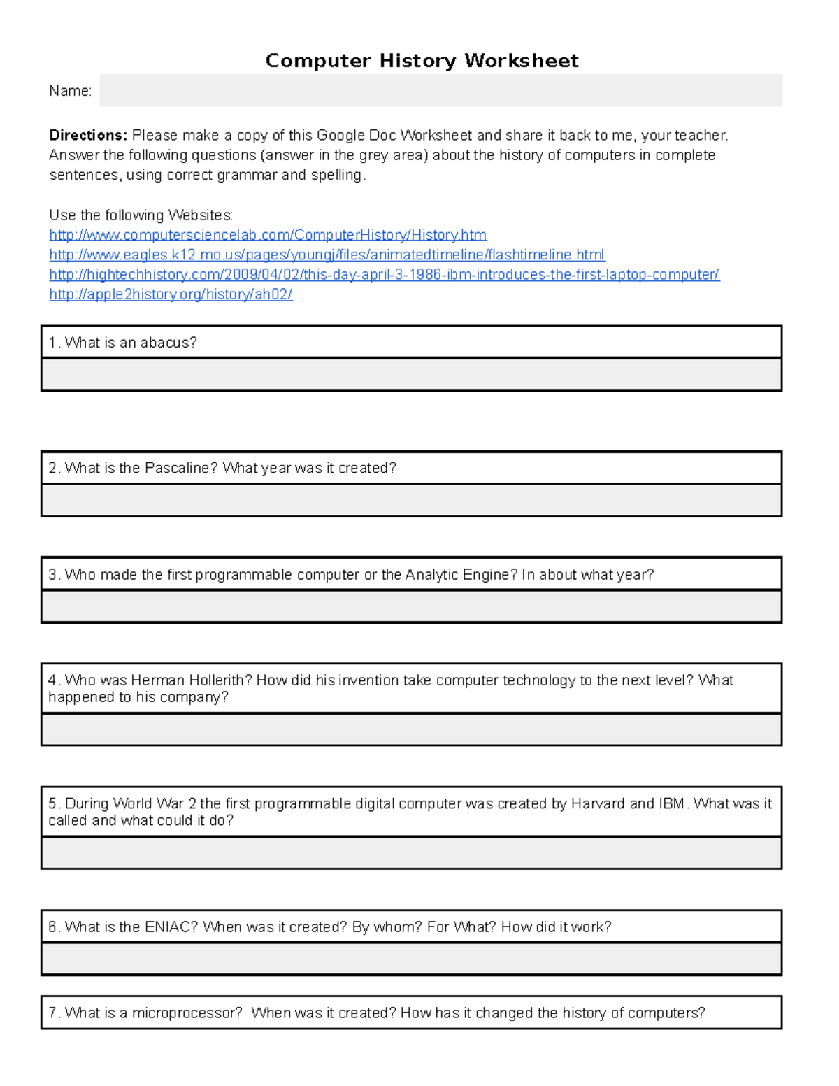 Computer History Worksheet Computer History Worksheet Name