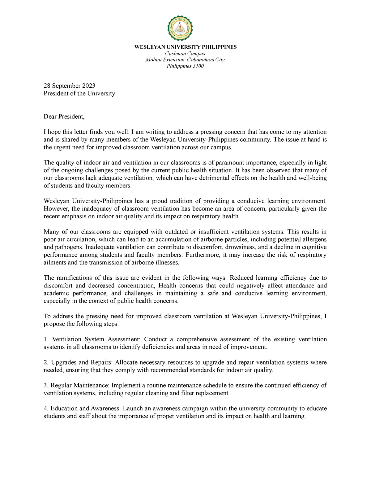 Proposal Letter- WESLEYAN UNIVERSITY PHILIPPINES Cushman Campus Mabini ...