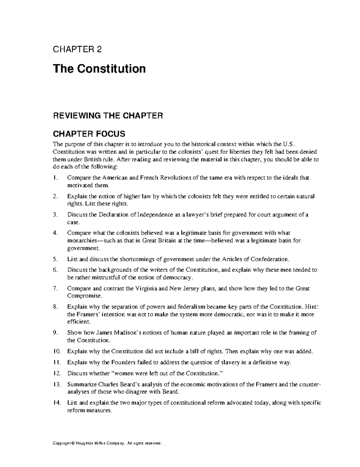 Chapter 2 Outline - CHAPTER 2 The Constitution REVIEWING THE CHAPTER ...