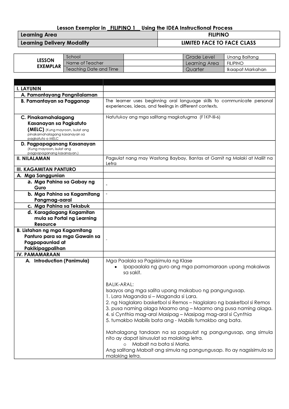 LE Filipino 1 Q4 W3 - Sample Lesson Exemplar - Lesson Exemplar In ...