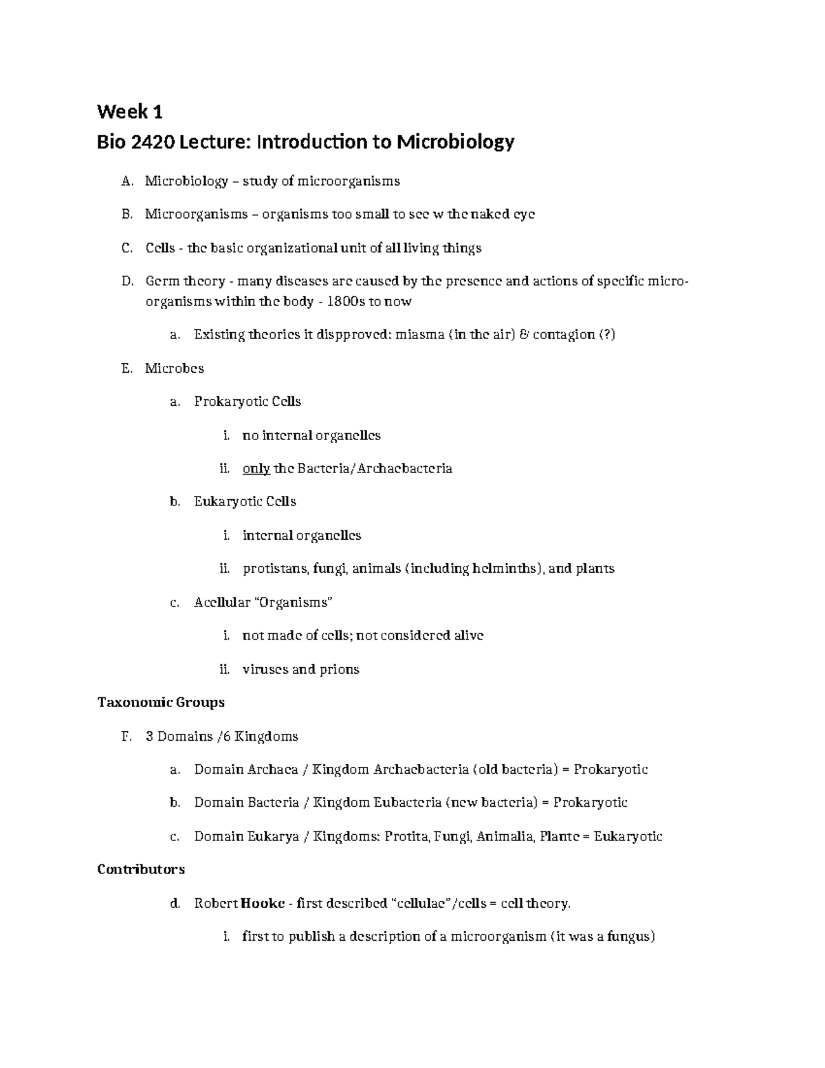 BIO 2420 Notes WK1 - Week 1 - Week 1 Bio 2420 Lecture: Introduction To ...