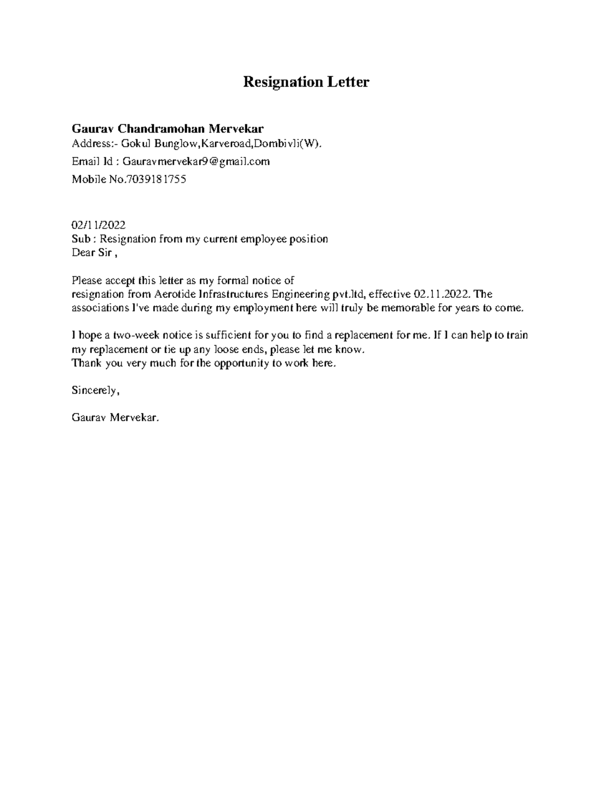 Resignation letter - Resignation Letter Gaurav Chandramohan Mervekar ...