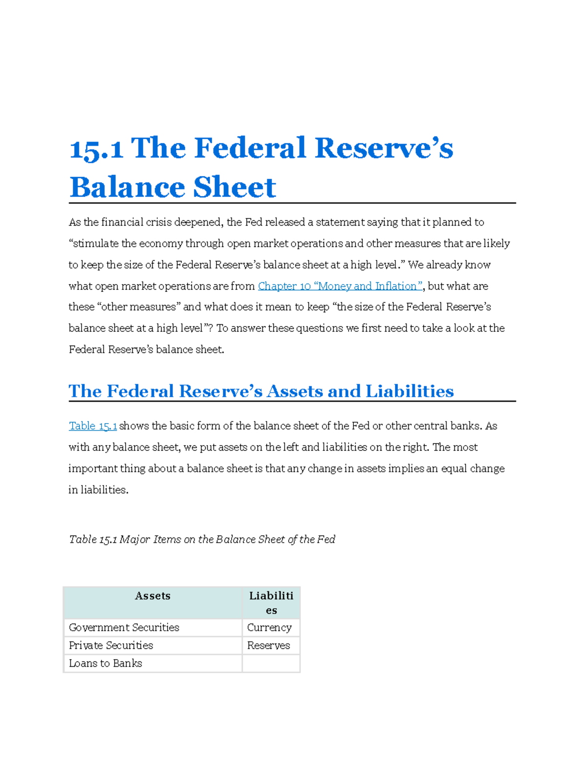 Chapter 15 - 15 The Federal Reserve’s Balance Sheet As the financial ...