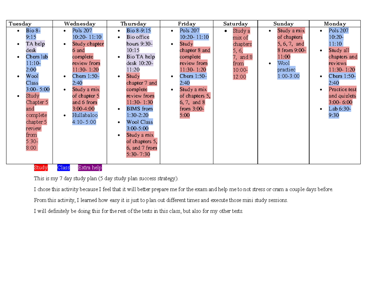 5 Day Study Plan - Study Class Extra help This is my 7 day study plan ...