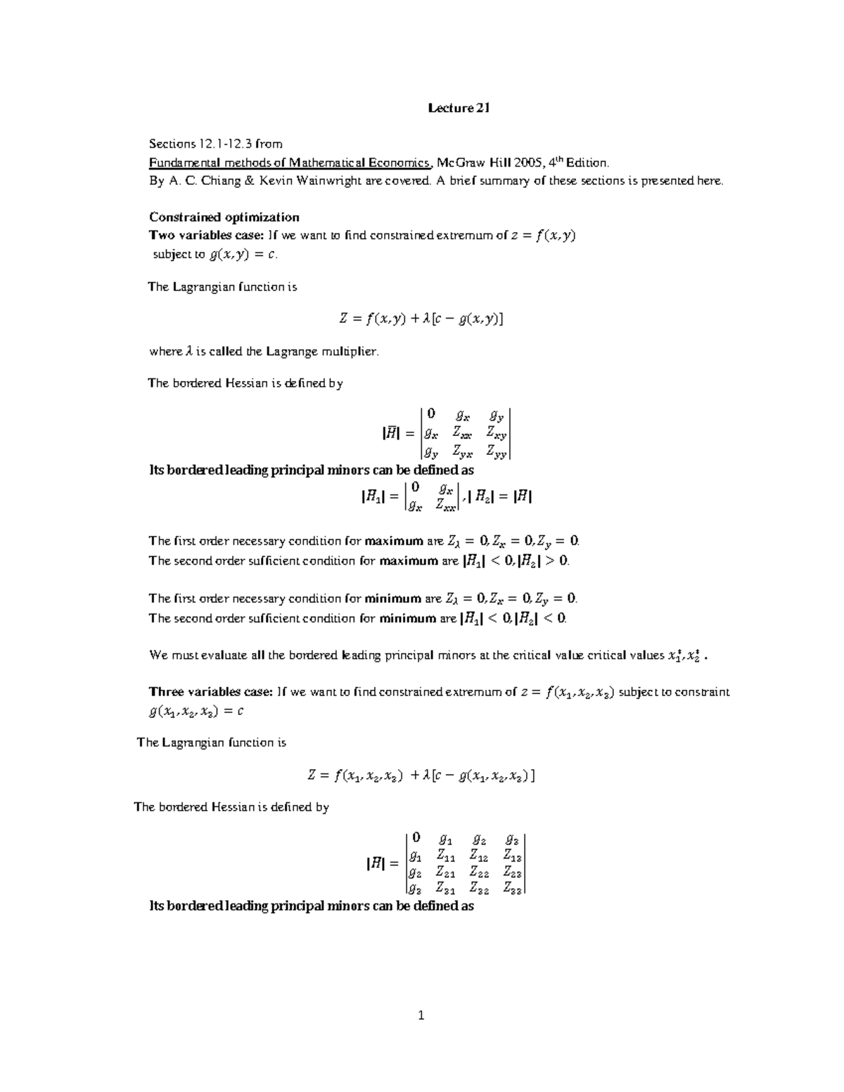 Lecture 21, Constrained optimization - Lecture 21 Sections 12- 12 .3 ...