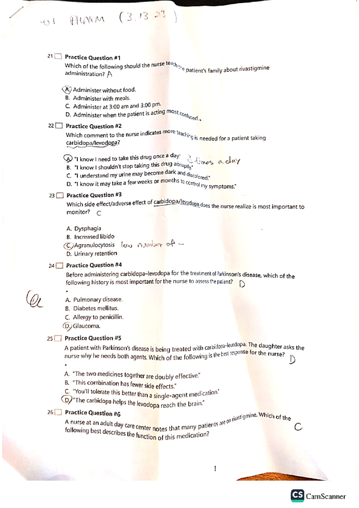 Practice questions Parkinson's disease. N100 CamScanner Studocu