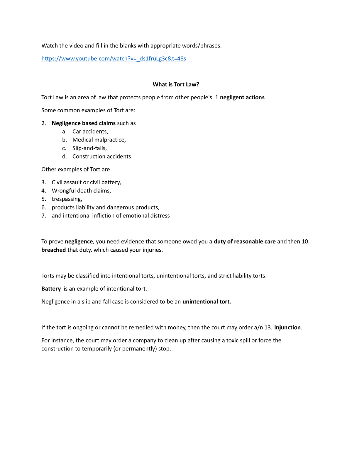 What is Tort Law - tort law - Watch the video and fill in the blanks ...