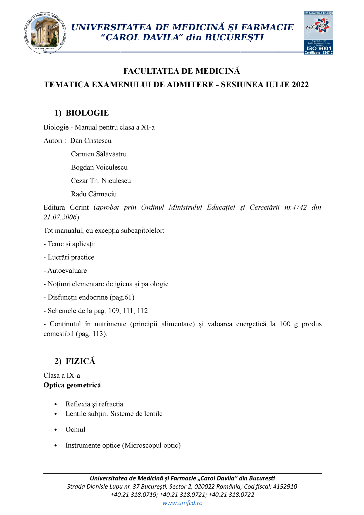 Facultatea De Medicina Brasov Admitere 2022 Tematica-si-Bibliografie-Facultatea de Medicina 2022 - “CAROL DAVILA” din  BUCUREȘTI - Studocu