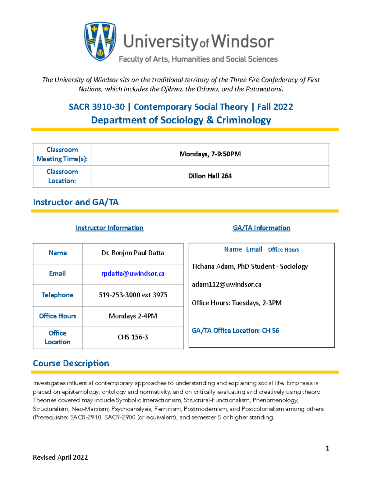 SACR 391030 Provisional outline Fall 2022 The University of Windsor