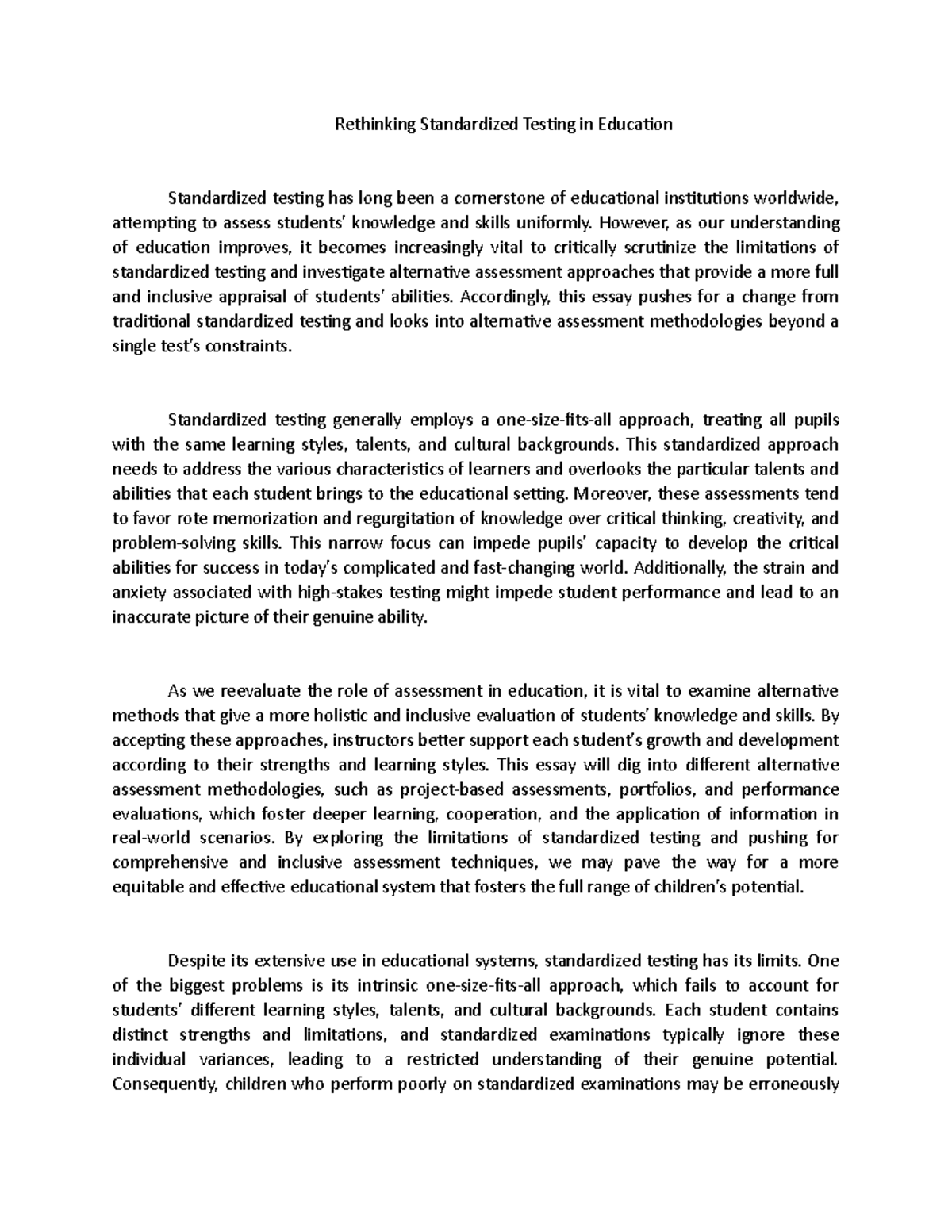 Rethinking Standardized Testing in Education - Rethinking Standardized ...
