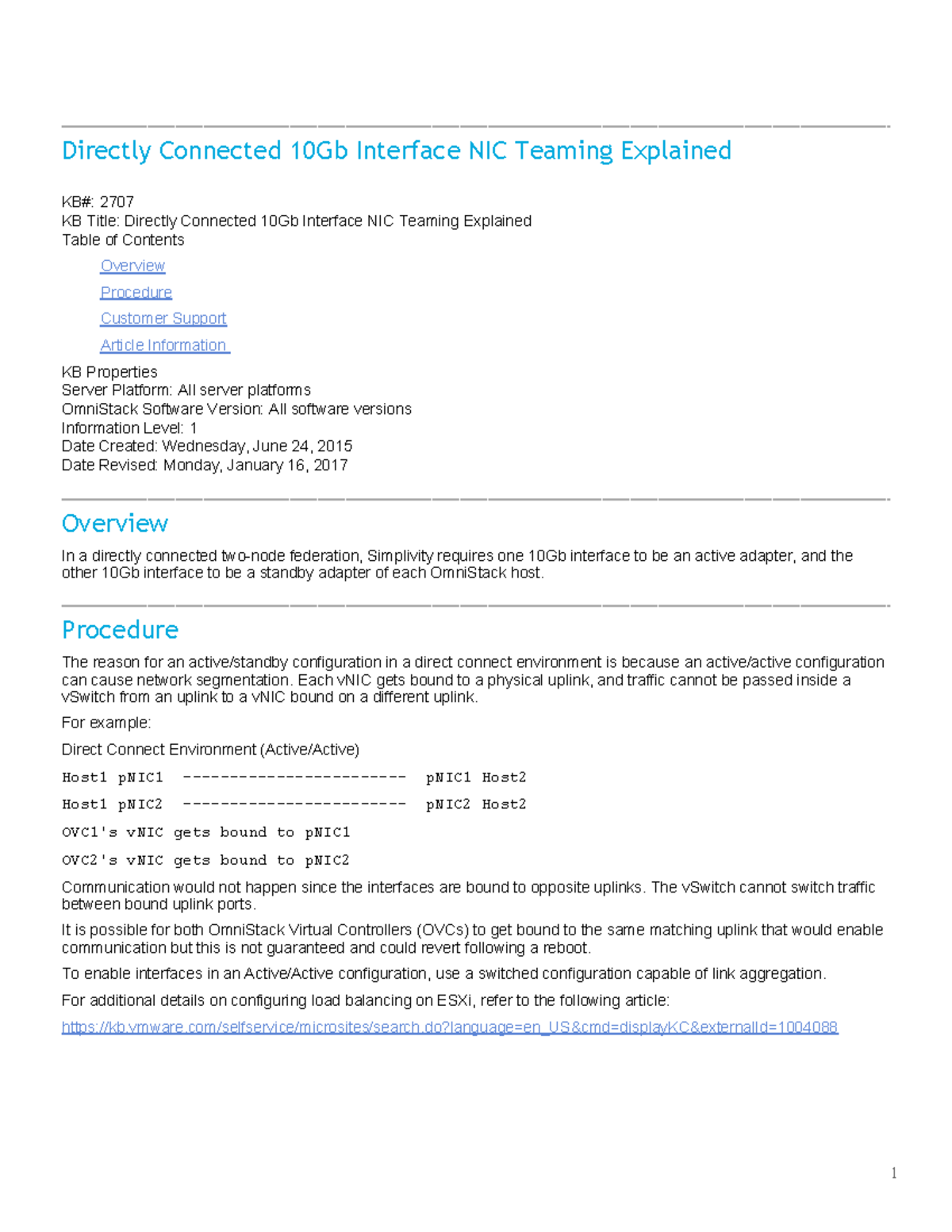 HPE sv2707en us Directly Connected 10Gb Interface NIC Teaming Explained