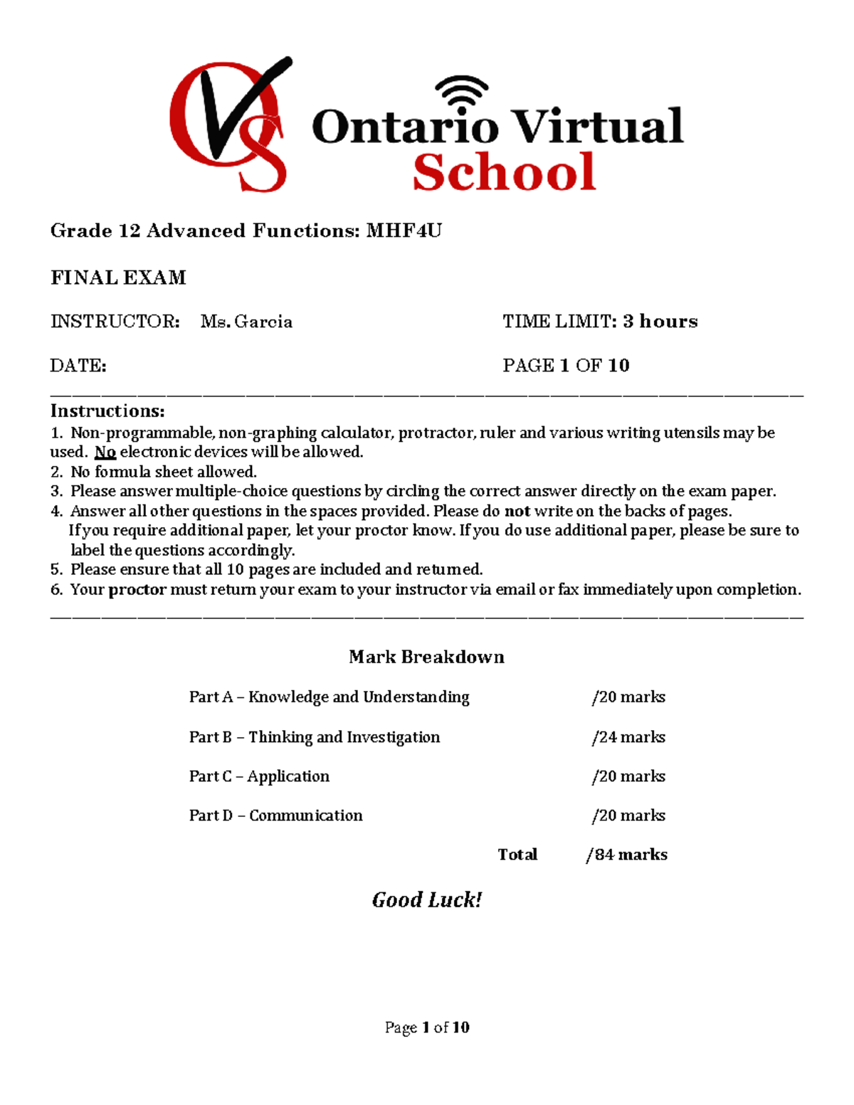 Exam Ovs for Mh4hu - Grade 12 Advanced Functions: MHF4U FINAL EXAM ...