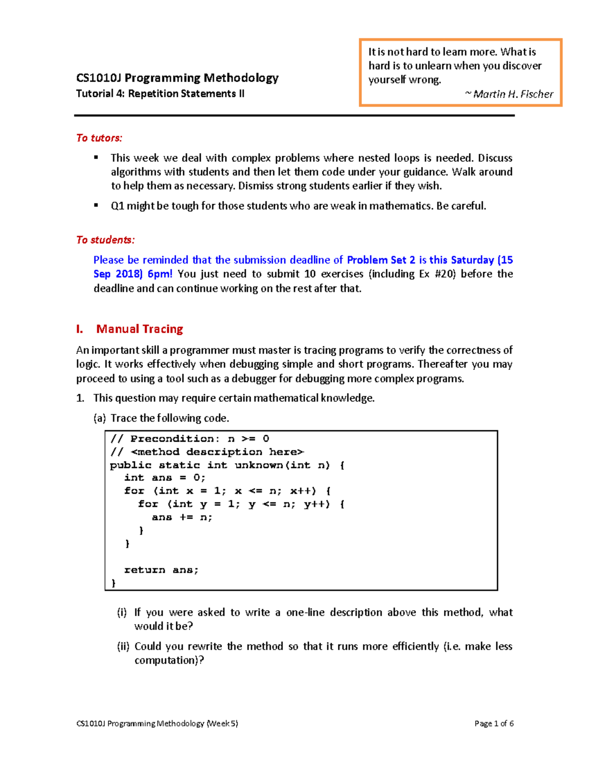 Week5 tutorial paper ans - CS1 01 0J Programming Methodology Tutorial 4 ...