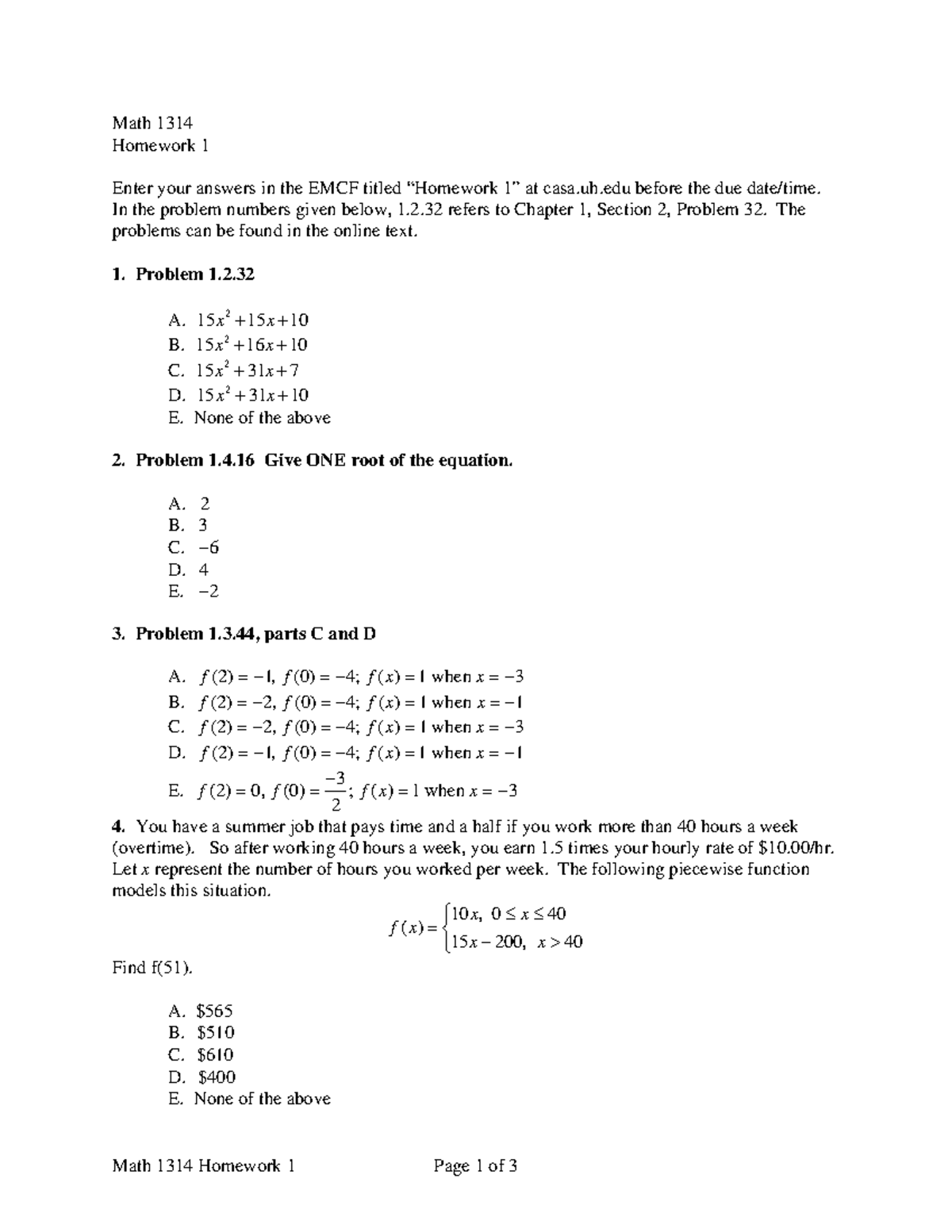 1314-HW-1 - HOMEWORK 1 - Math 1314 Homework 1 Enter your answers in the ...