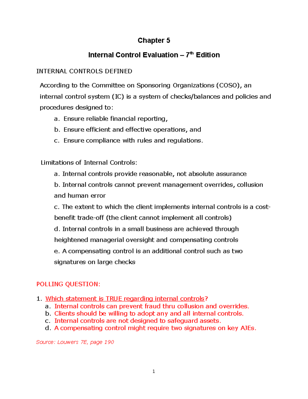 Chapter 5 - Internal Controls - Chapter 5 Internal Control Evaluation ...