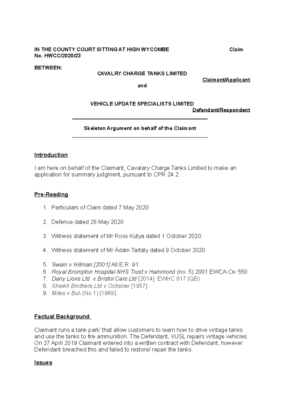 Cavalary Skeleton Arg. doc - IN THE COUNTY COURT SITTING AT HIGH ...