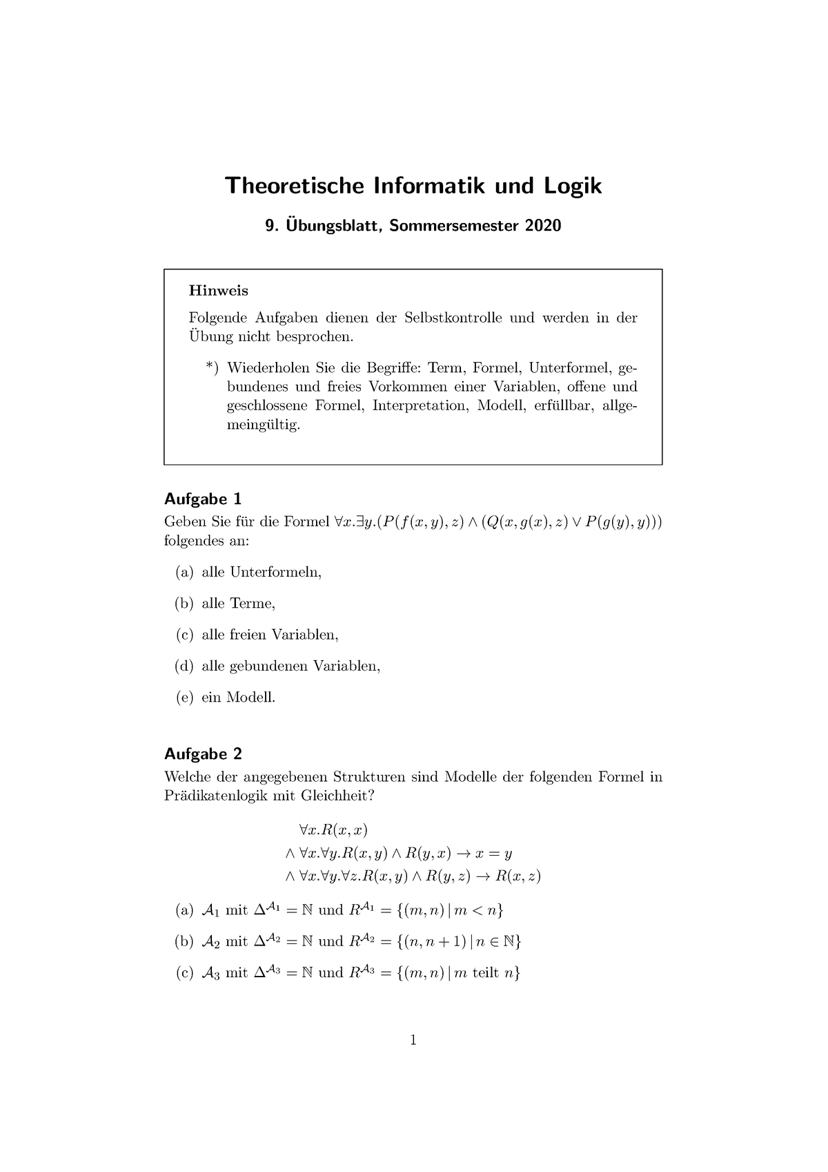 Übung 9 - Theoretische Informatik Und Logik 9, Sommersemester 2020 ̈ ...