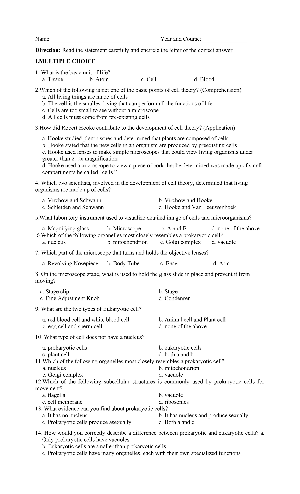 Test Paper - Hjhjhj - Name:                             Year And Course 