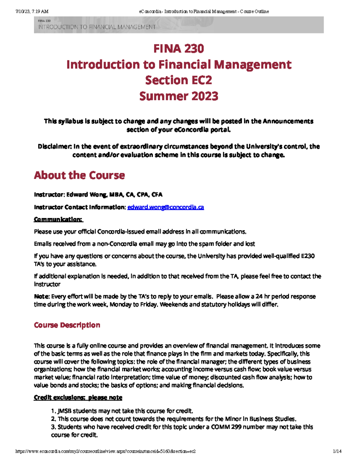 FINA 230 Outline - FINA 230 Introduction to Financial Management ...