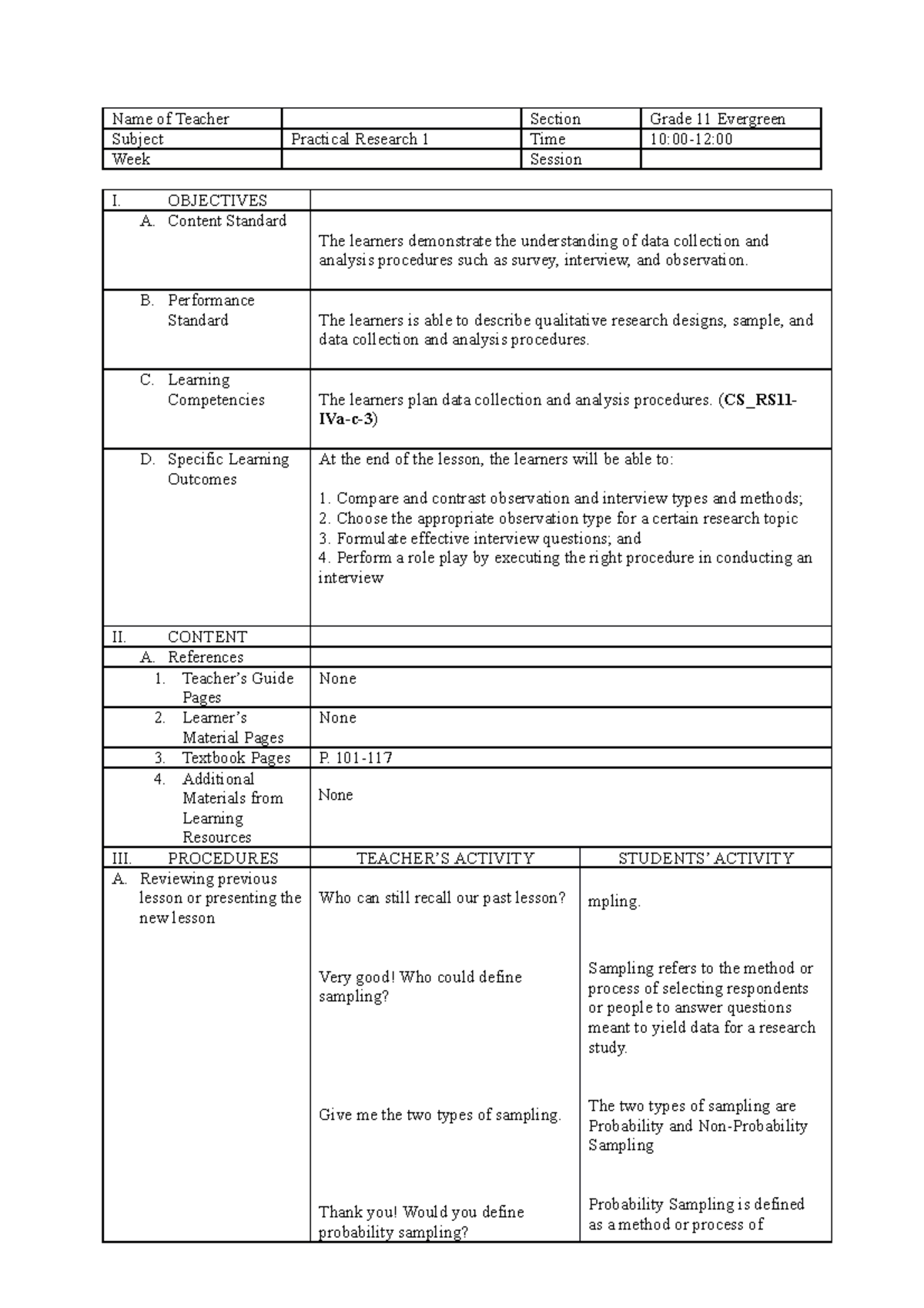 Lp - Example Of Lesson Plan - Name Of Teacher Section Grade 11 