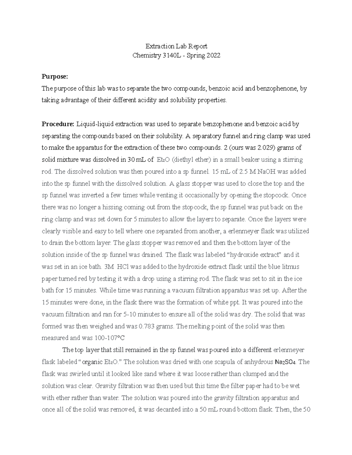 Extraction Lab Report Extraction Lab Report Chemistry 3140L Spring