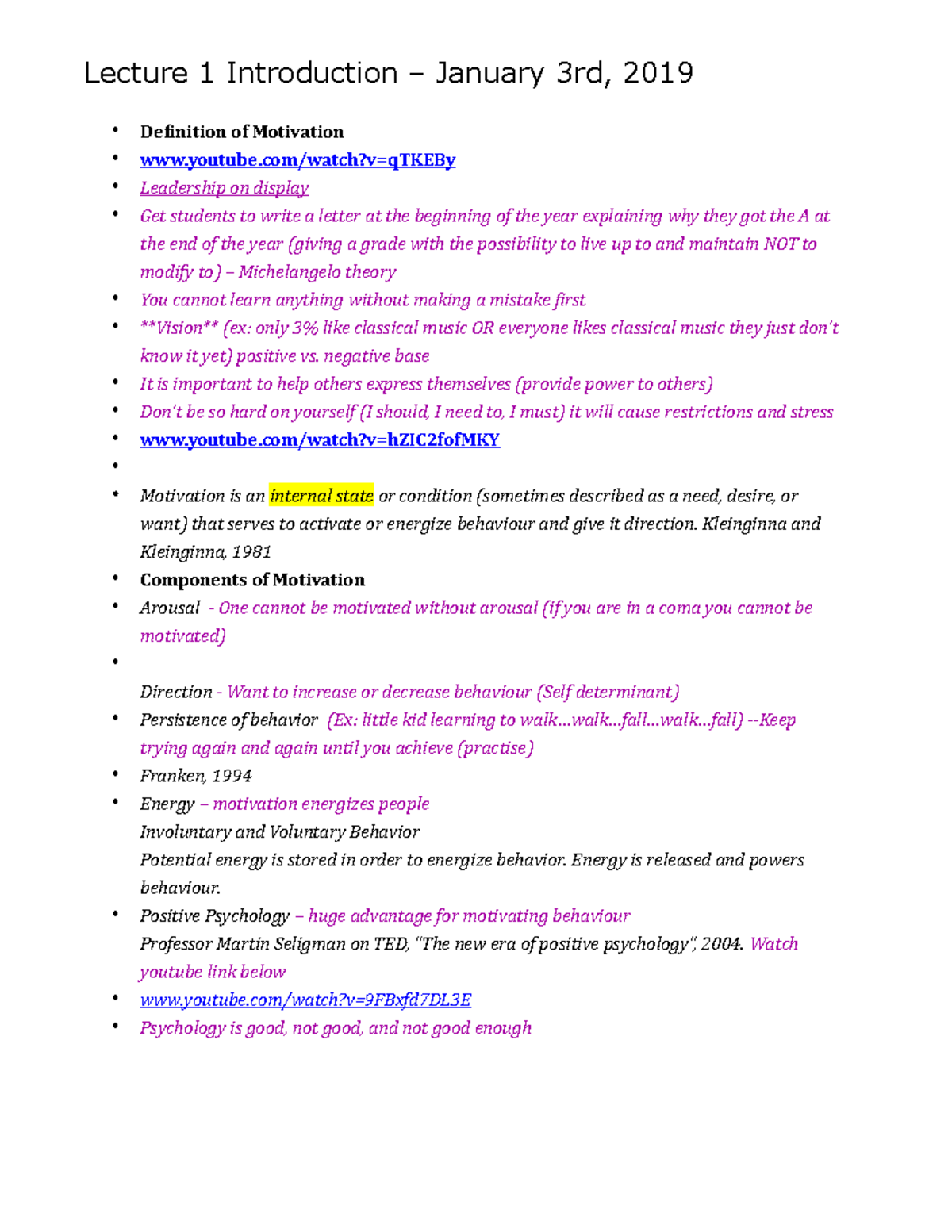 Motivation Psychology - Lecture 1 Introduction – January 3rd, 2019