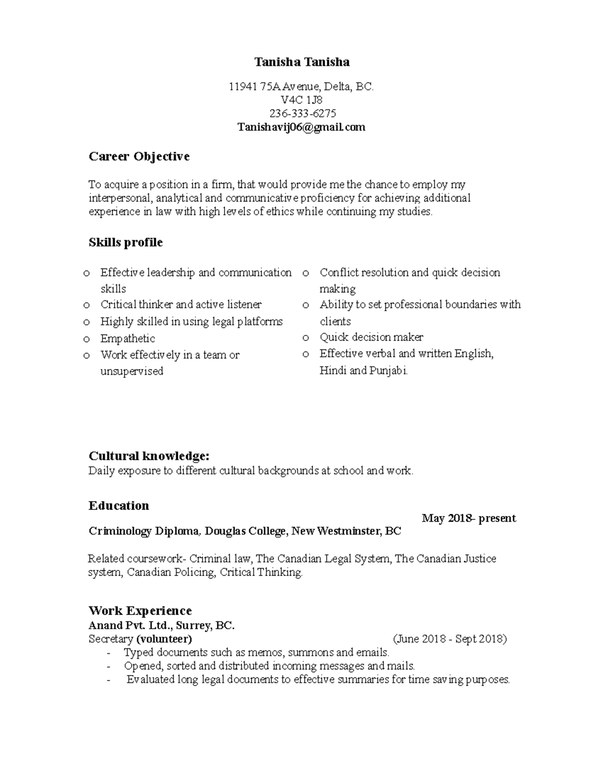 Resume edited 11 - Tanisha Tanisha 11941 75A Avenue, Delta, BC. V4C 1J8 ...