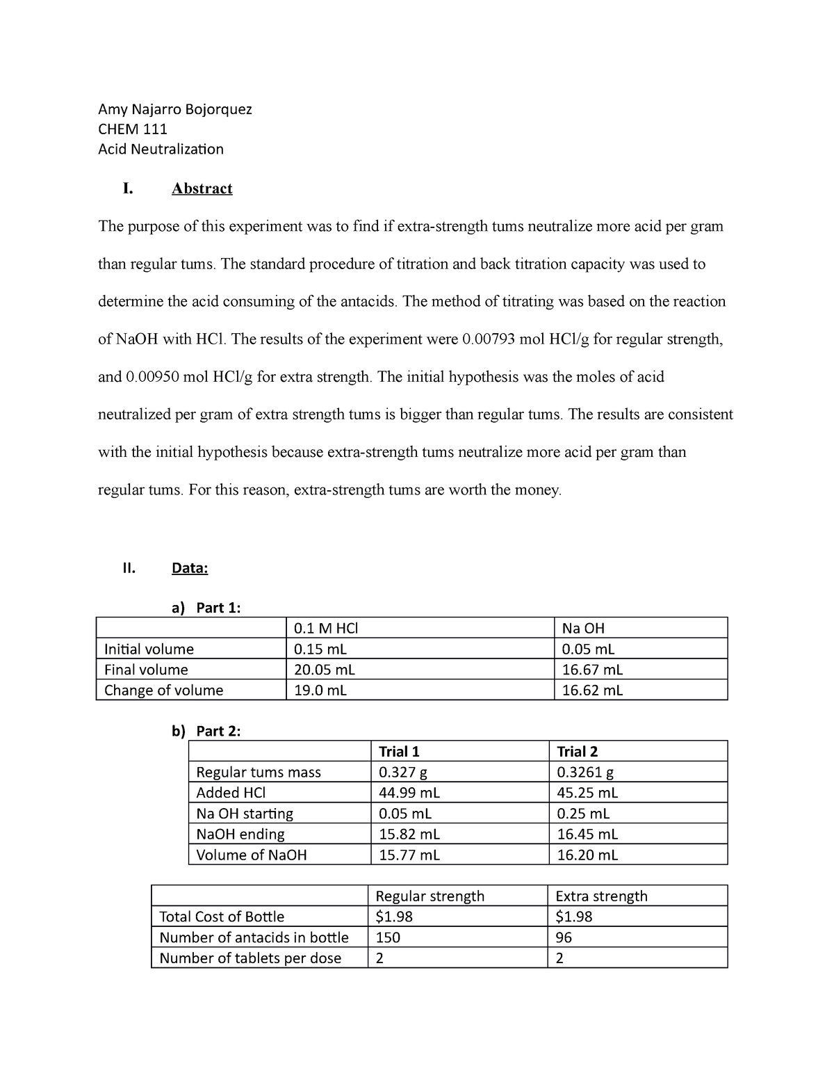 Acid Neutralization Lab Report1 Amy Najarro Bojorquez CHEM 111 Acid