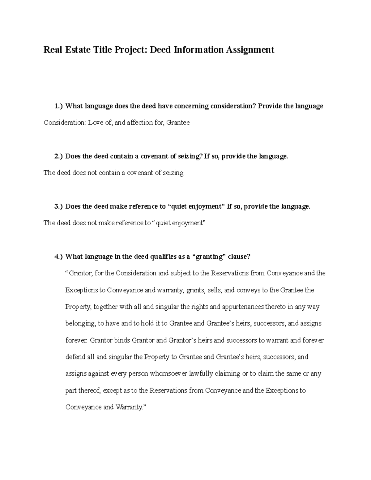 Real Estate Title Project Deed Information Assignment What Language
