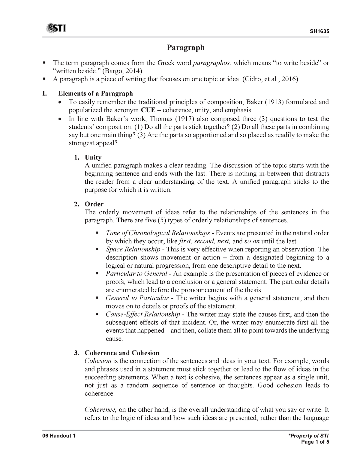 SH1635 - Reading and Writing Skills 06 Handout 1 - 06 Handout 1 ...