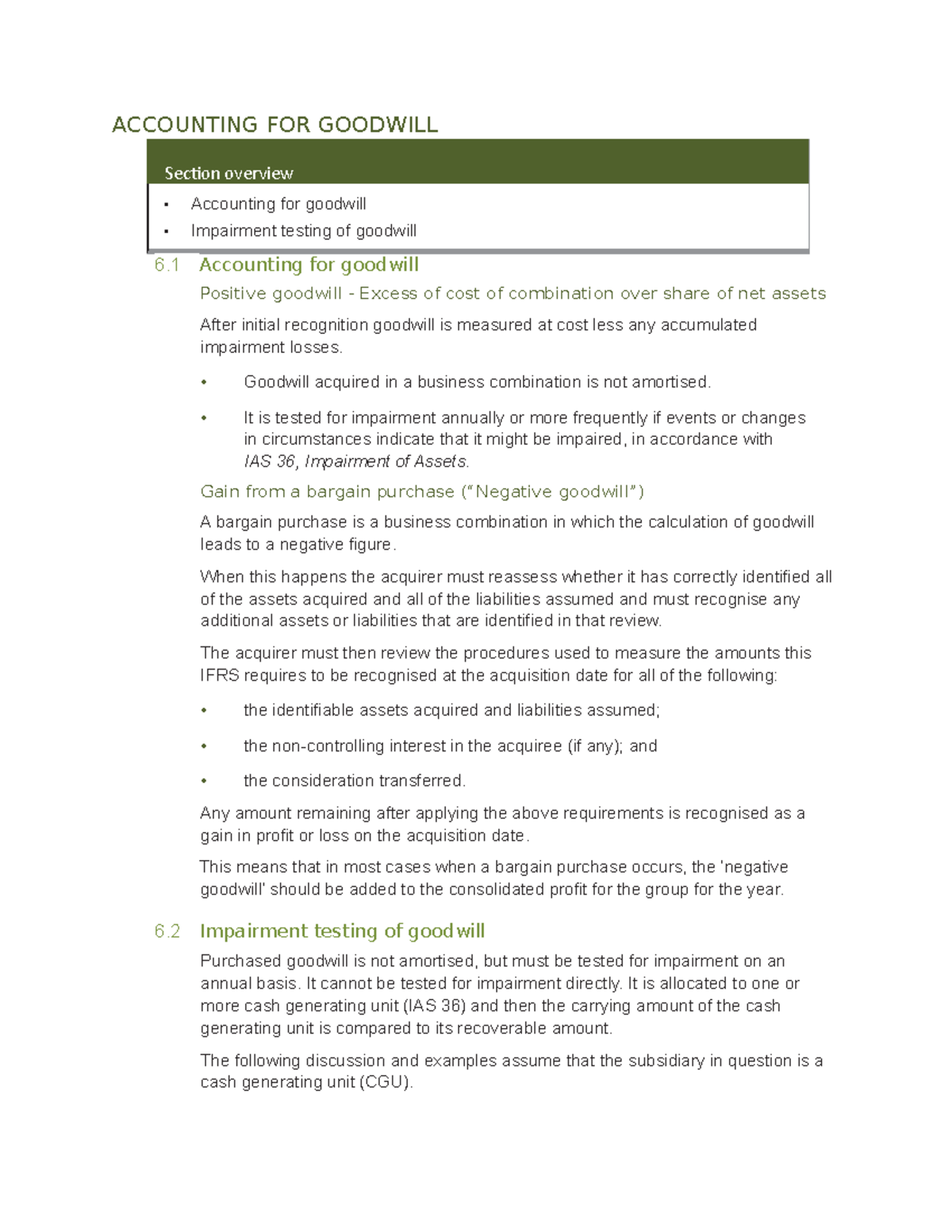 Accounting For Goodwill ACCOUNTING FOR GOODWILL Section overview