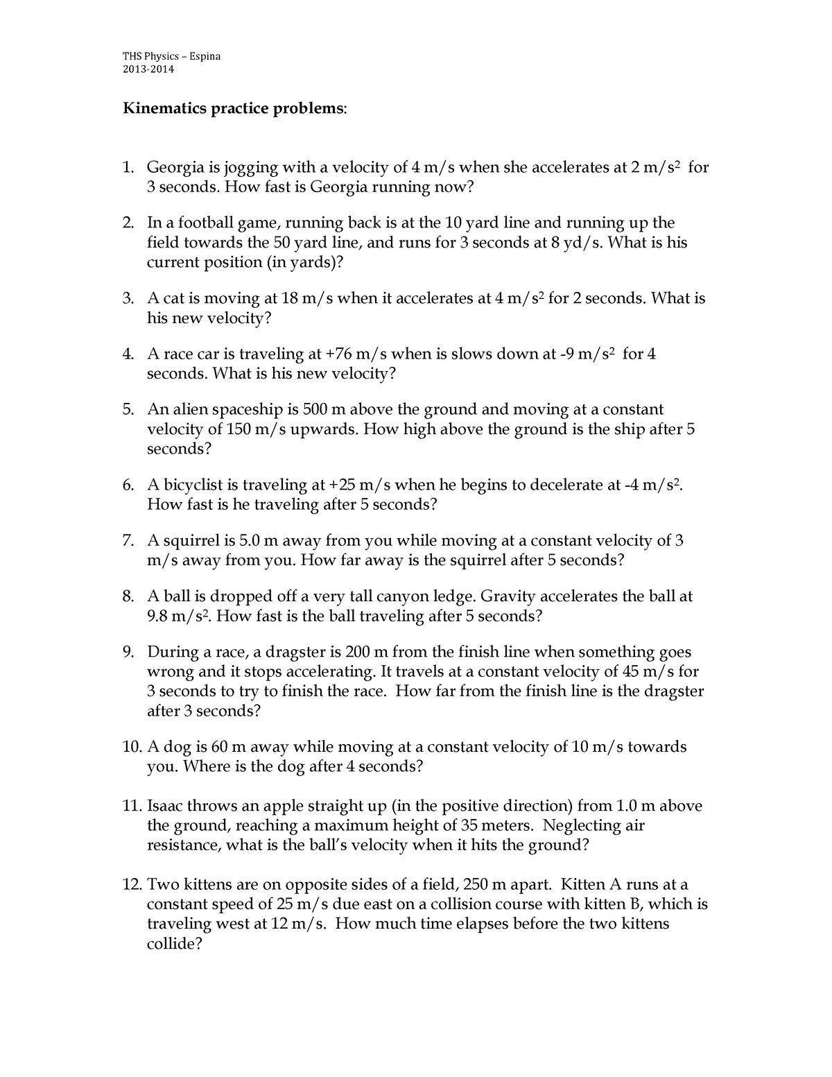 22-D kinematics practice packet 22 - !&quot;#$%&amp Intended For Kinematics Practice Problems Worksheet