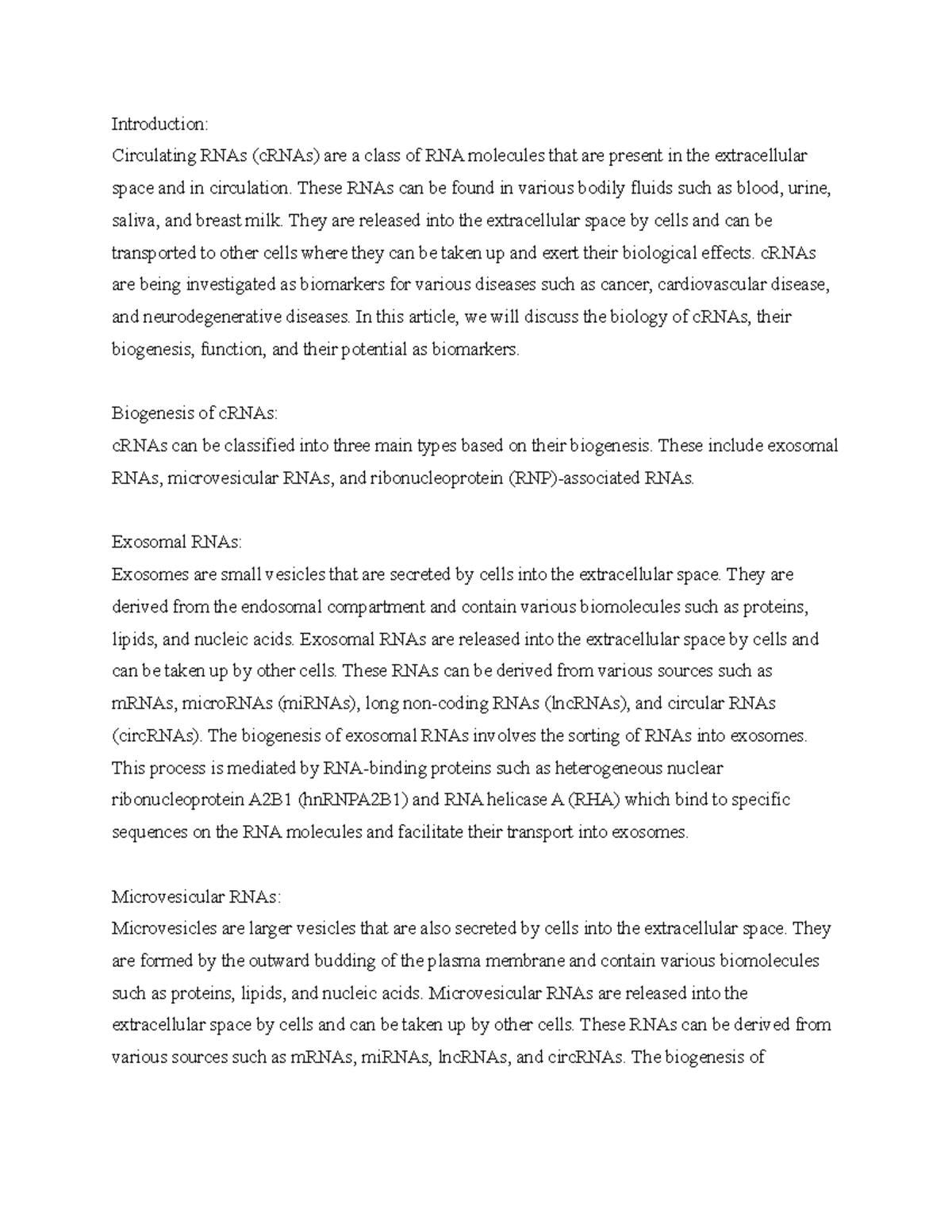 cRNA biology notes - Introduction: Circulating RNAs (cRNAs) are a class ...