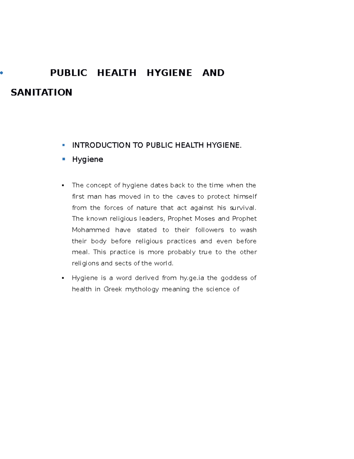Hygiene AND Sanitation Notes PUBLIC HEALTH HYGIENE AND SANITATION