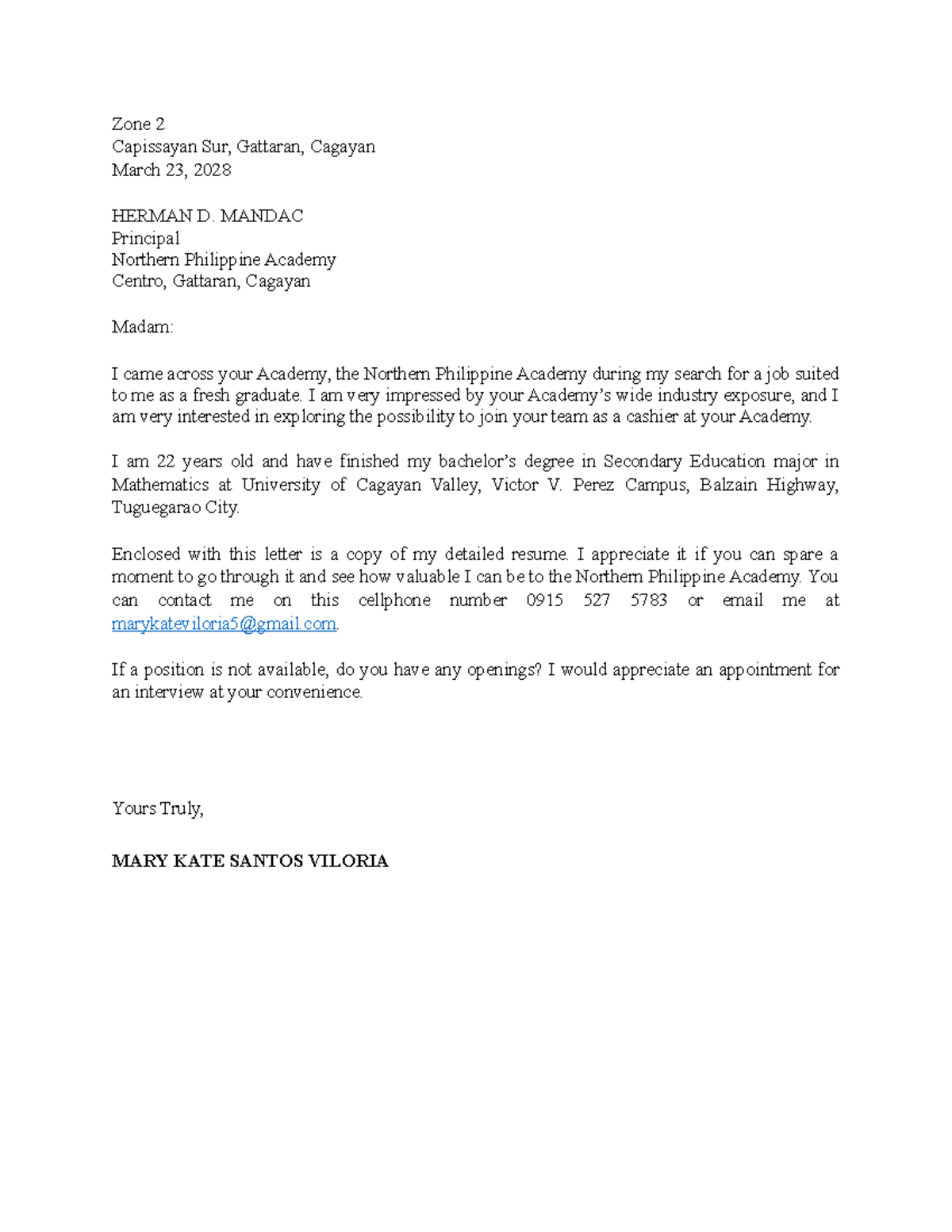 Application Letter Marykate Mosang - Zone 2 Capissayan Sur, Gattaran ...